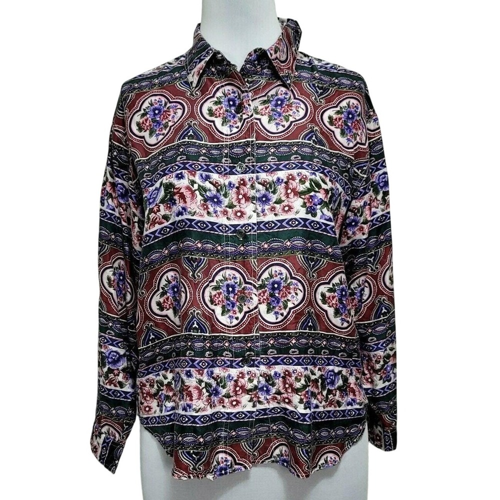 Backroad Blues Womens M 100% Silk Floral Medallion Button Up Shirt Vintage